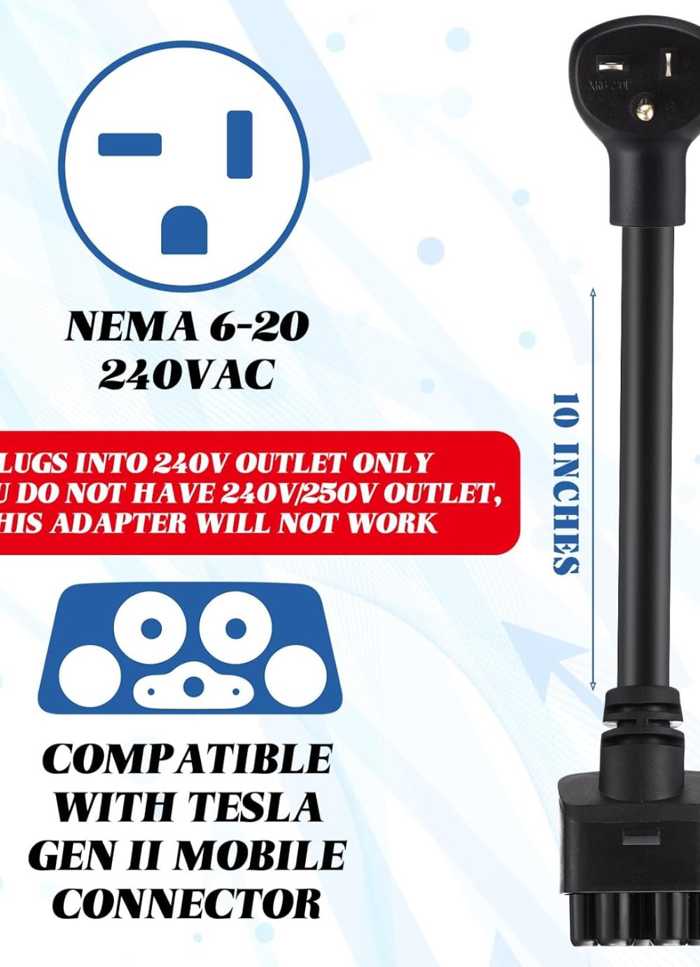 16" 6-20 Adapter Compatible with Tesla Gen 2 Mobile Portable Charger Connect Mobile Charger to 240V 6-20P Outlet at 16 Amp Adapter Handle(Not Compatible with pre-2018 Model S/X Vehicles) - Image 2