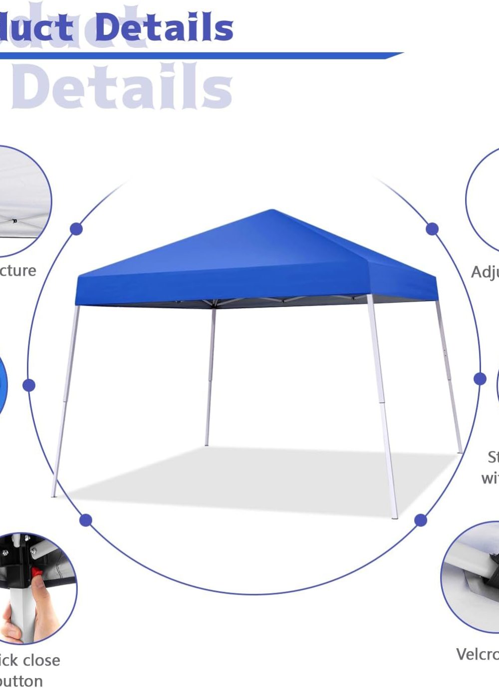 Canopy Tent, 10X10 FT Pop Up Canopy Outdoor Instant Tent Slant Legs with Carrying Bag, Portable Gazebo Shelter for Patio Deck Garden and Beach - 8X8 FT Canopy Cover (Blue) - Image 2