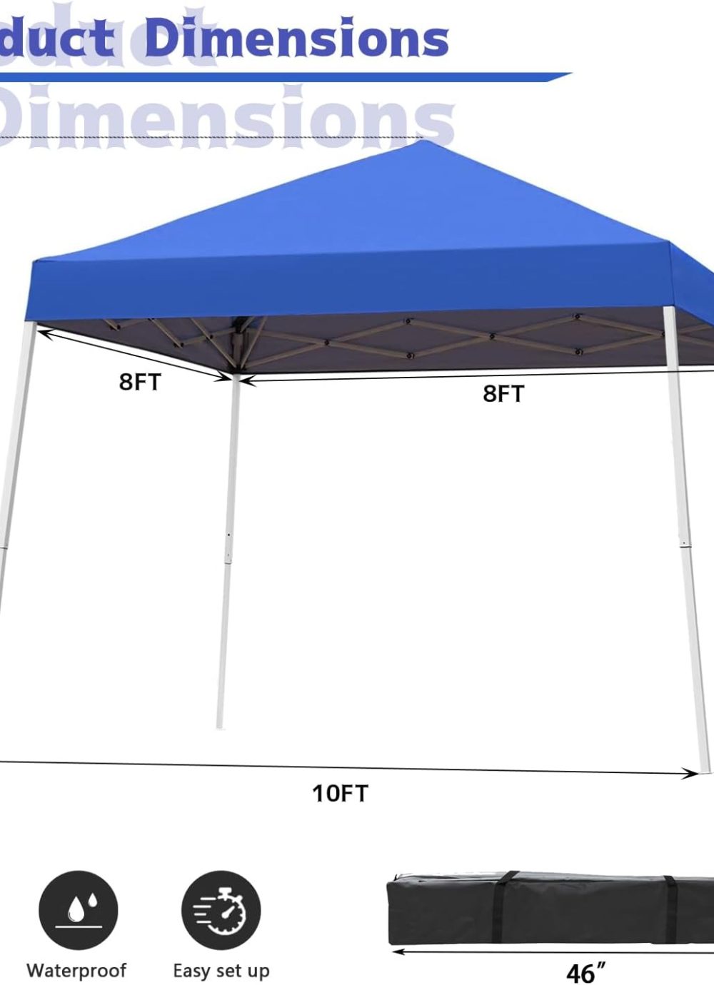 Canopy Tent, 10X10 FT Pop Up Canopy Outdoor Instant Tent Slant Legs with Carrying Bag, Portable Gazebo Shelter for Patio Deck Garden and Beach - 8X8 FT Canopy Cover (Blue) - Image 4