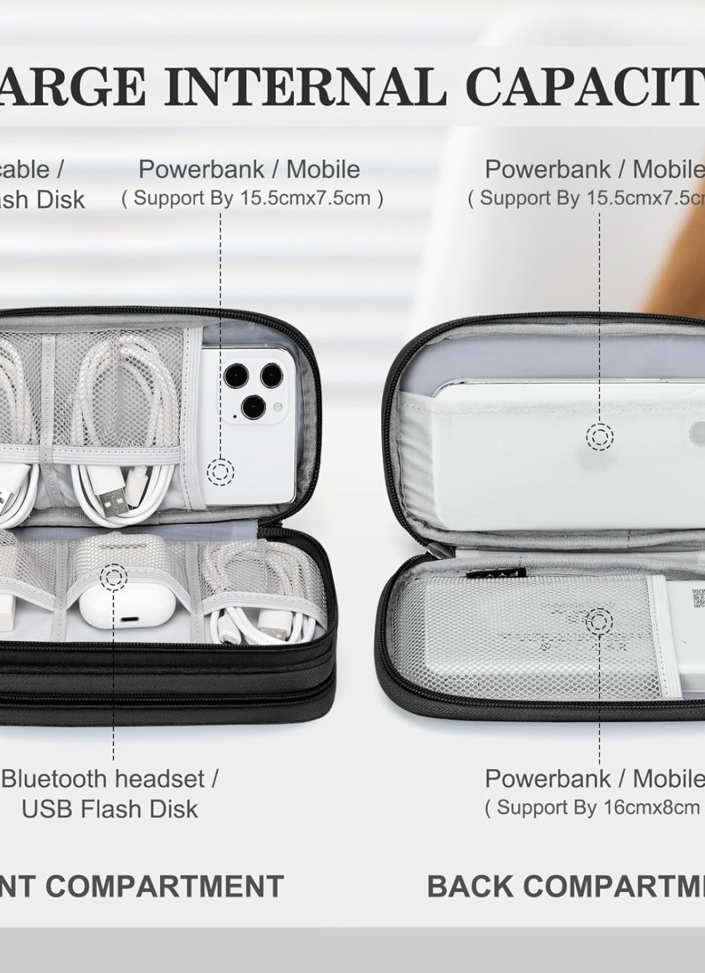 FYY Travel Cable Organizer Pouch Electronic Accessories Carry Case Portable Waterproof Double Layers All-in-One Storage Bag for Cord, Charger, Phone, Earphone Black - Image 3