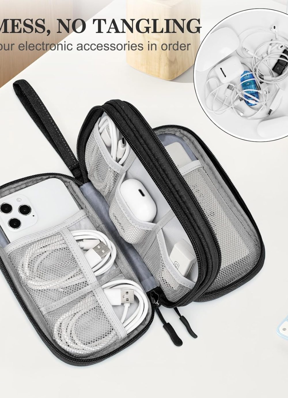 FYY Travel Cable Organizer Pouch Electronic Accessories Carry Case Portable Waterproof Double Layers All-in-One Storage Bag for Cord, Charger, Phone, Earphone Black - Image 5