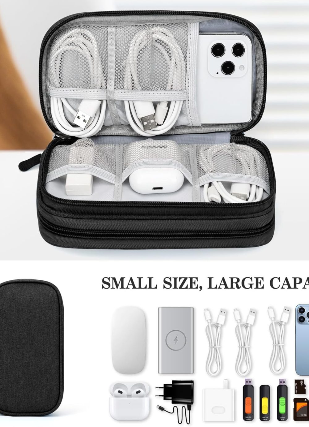 FYY Travel Cable Organizer Pouch Electronic Accessories Carry Case Portable Waterproof Double Layers All-in-One Storage Bag for Cord, Charger, Phone, Earphone Black - Image 6