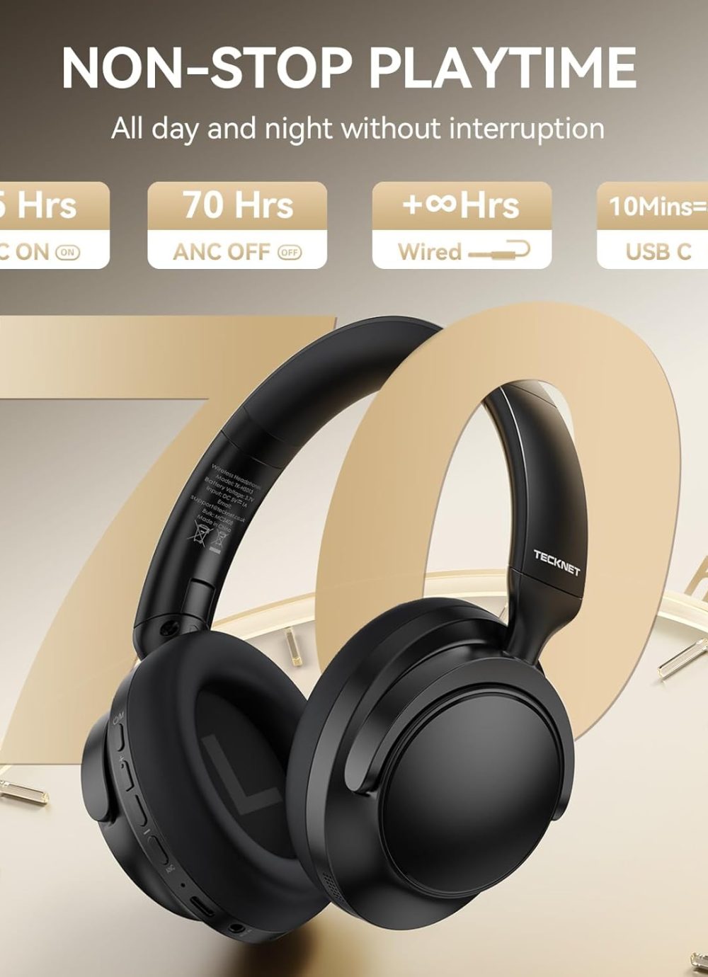 TECKNET Active Noise Cancelling Headphones Wireless & Wired, 70H Playtime Bluetooth Headphones Over Ear Built-in Mic, 3.5mm Cable Dual Connection Foldable Headset Comfort for Home Office Travel - Image 4