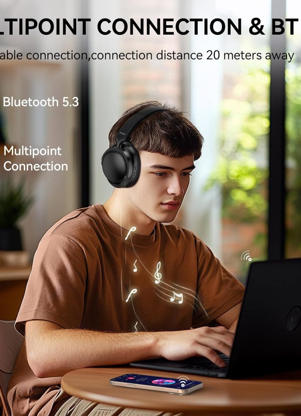 TECKNET Active Noise Cancelling Headphones Wireless & Wired, 70H Playtime Bluetooth Headphones Over Ear Built-in Mic, 3.5mm Cable Dual Connection Foldable Headset Comfort for Home Office Travel - Image 5