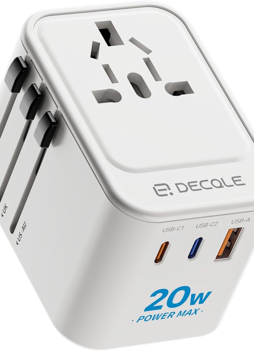 Universal Travel Adapter, International Travel Plug Adapter with 2 USB-C(PD 20W) ＆ 1 USB-A Ports, All in One Portable Adaptor, for USA, UK, EU, AU ＆ 224+ Countries (White) US