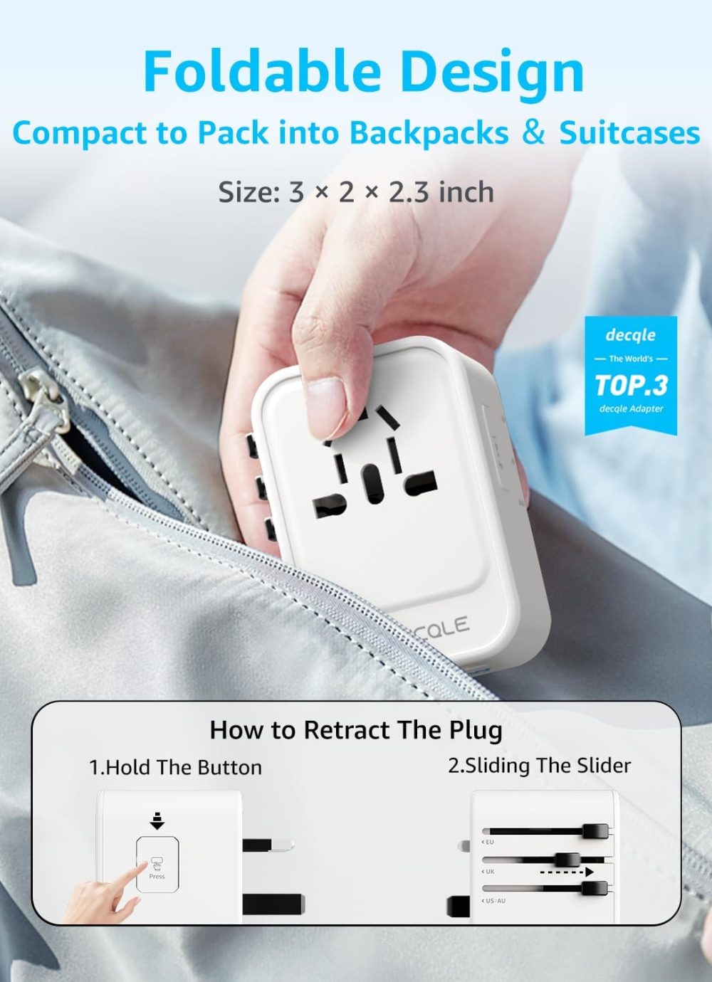 Universal Travel Adapter, International Travel Plug Adapter with 2 USB-C(PD 20W) ＆ 1 USB-A Ports, All in One Portable Adaptor, for USA, UK, EU, AU ＆ 224+ Countries (White) US - Image 4