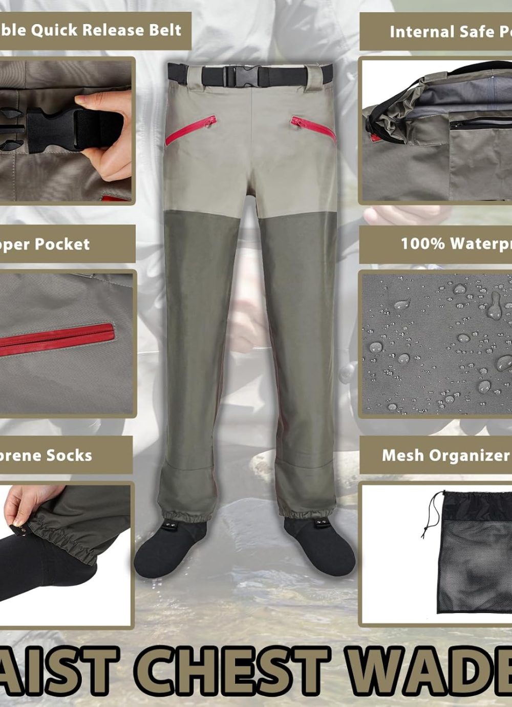 Waist Wader Pants for Men and Women, 3-Ply Breathable Waterproof Fishing Waders with Pockets and Durable Stockingfoot - Image 2