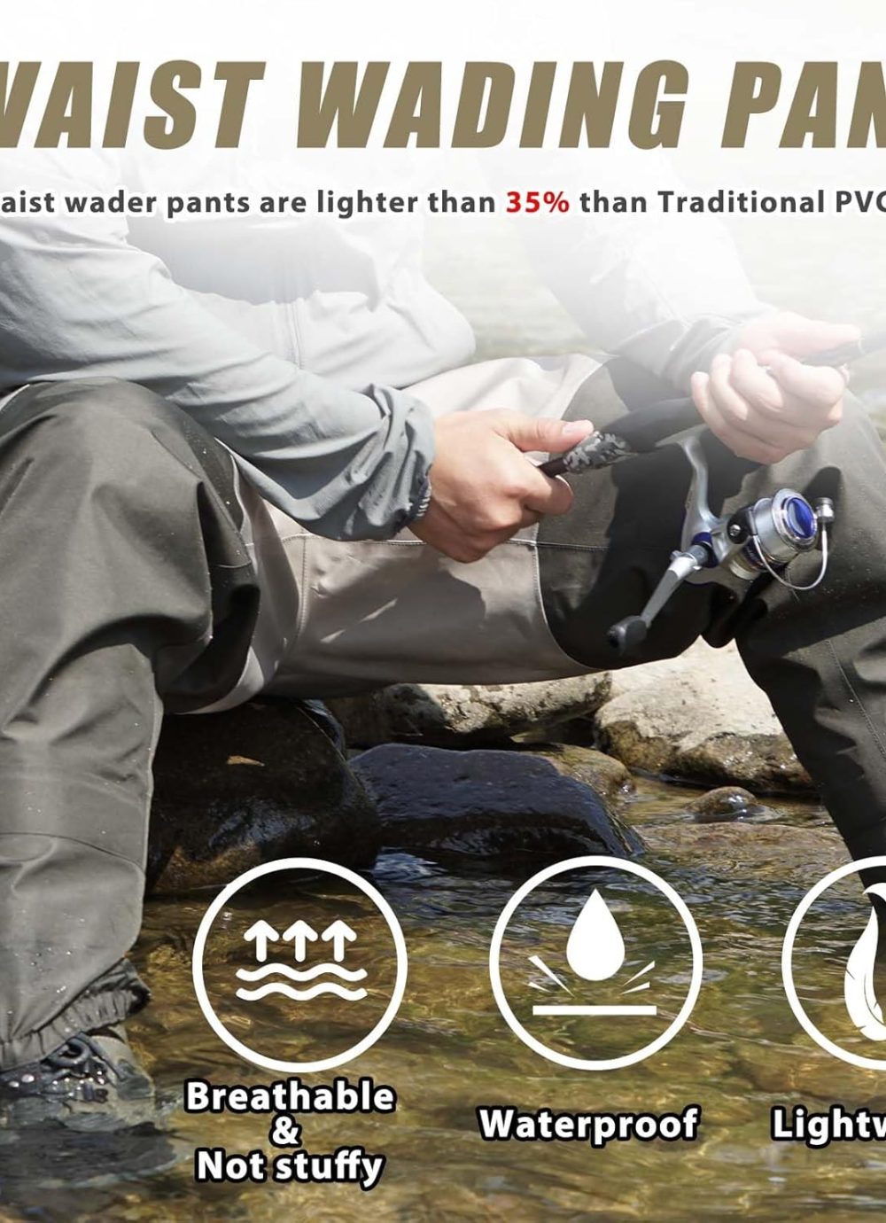 Waist Wader Pants for Men and Women, 3-Ply Breathable Waterproof Fishing Waders with Pockets and Durable Stockingfoot - Image 5