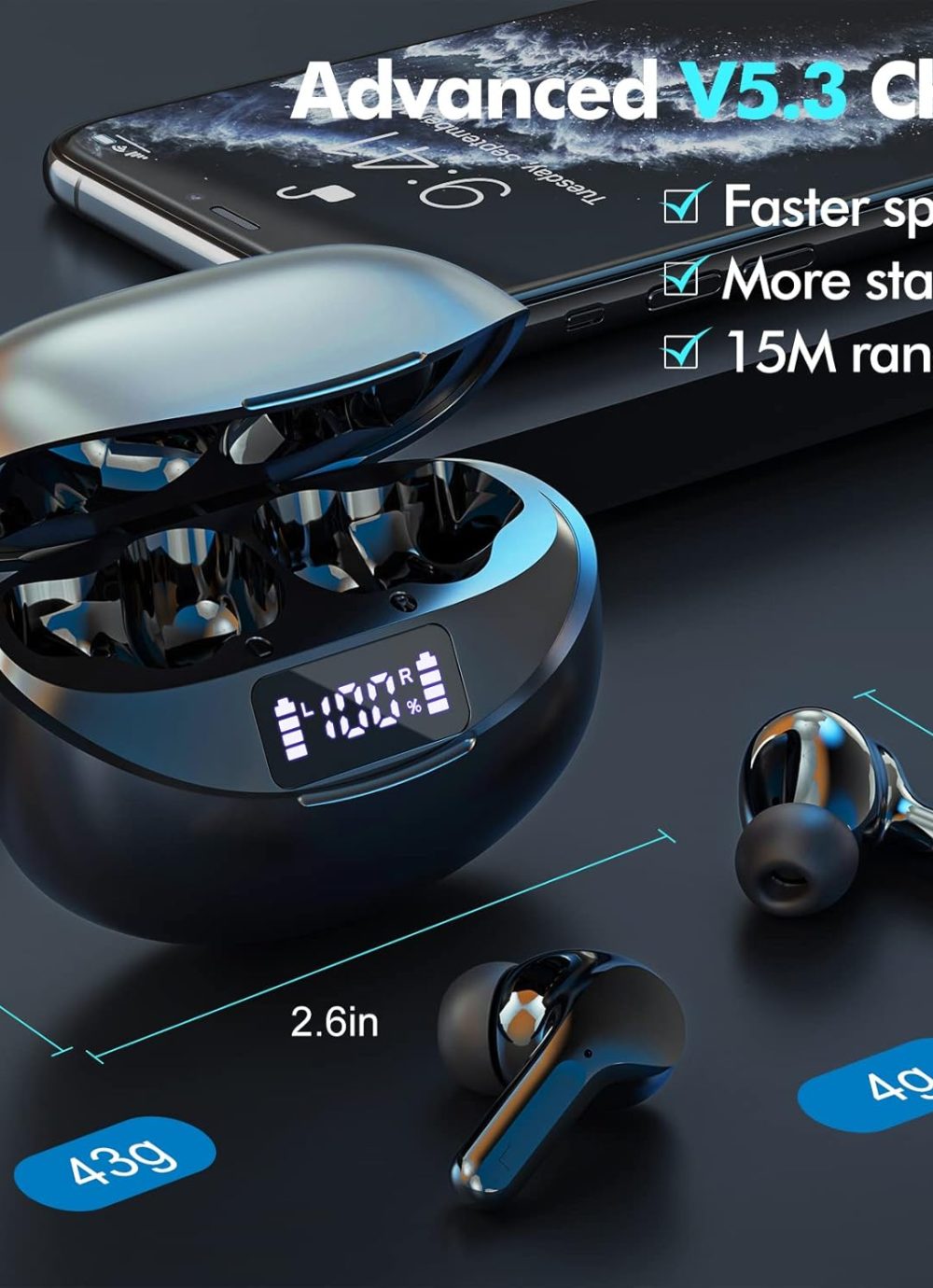 Wireless Earbuds Bluetooth 5.3 Headphones HiFi Stereo, Wireless Earphones with Noise Cancelling Mic, 50H Playback Ear Buds with LED Digital Display for iOS/Andriod - Image 2